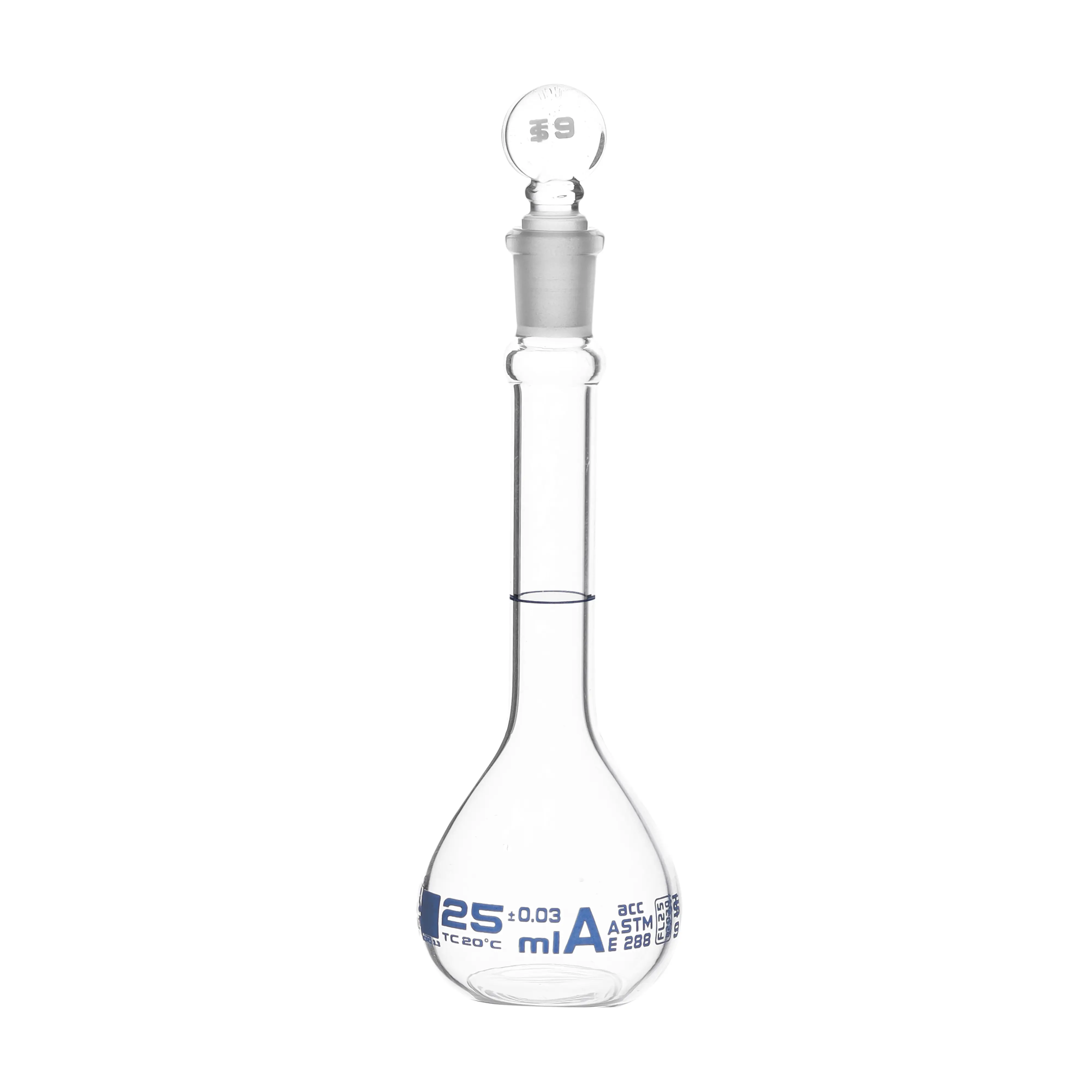 Flasks - Volumetric, Class-A with Solid Glass Stopper and Permanent Blue Ring Mark - ASTM,Capacity,25ml