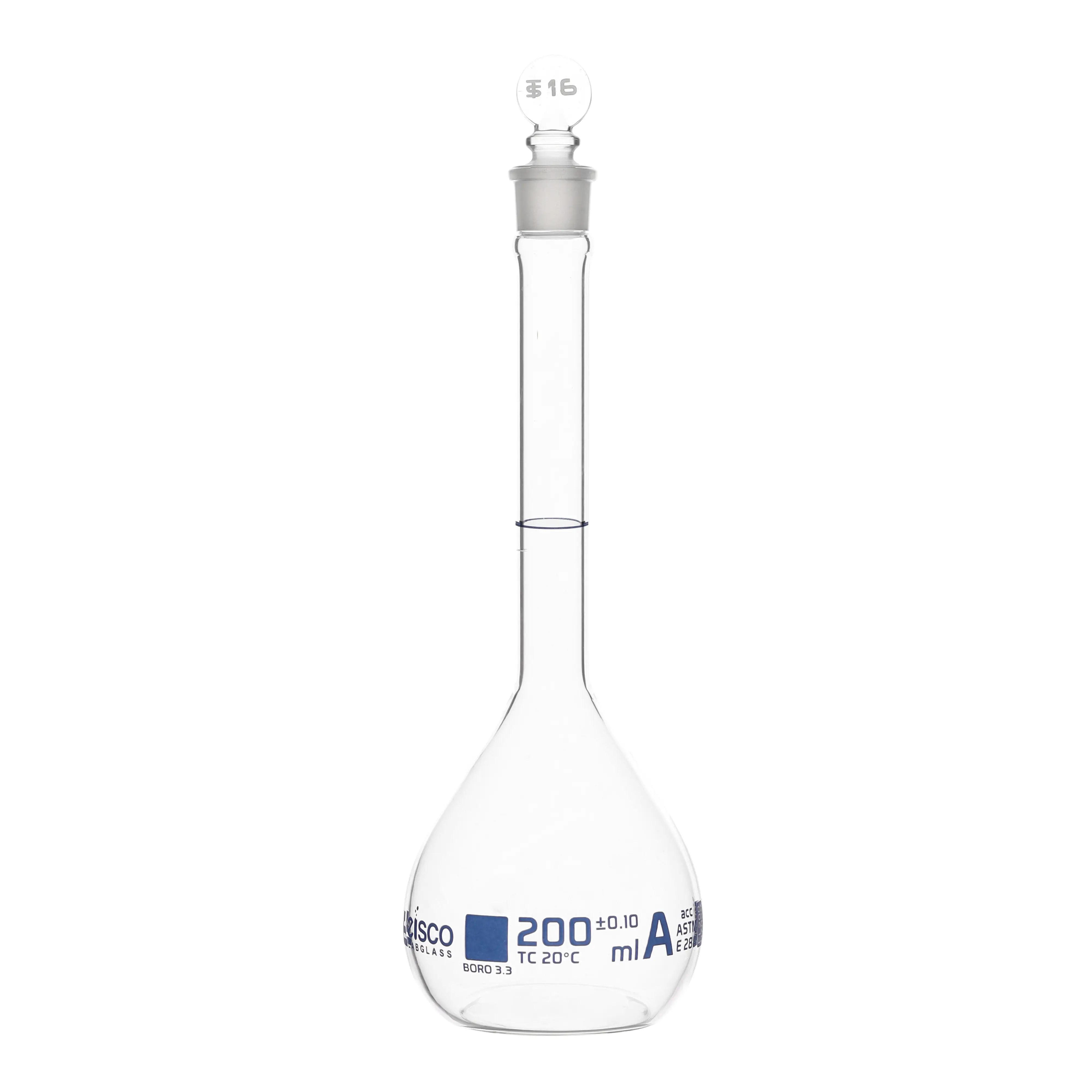 Flasks - Volumetric, Class-A with Solid Glass Stopper and Permanent Blue Ring Mark - ASTM,Capacity,200ml
