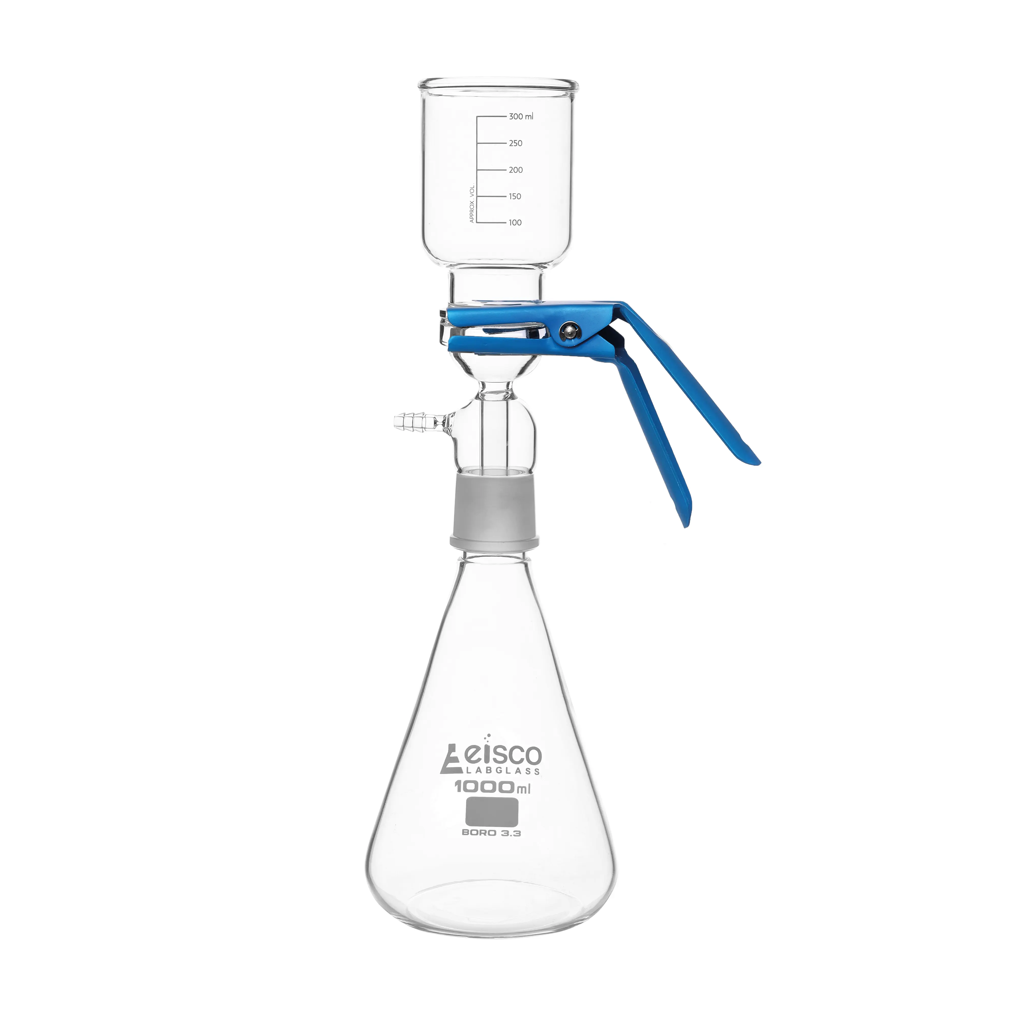 Conjunto de filtración: matraz de 1000 ml, embudo de 300 ml, base de vacío de 47 mm con disco sinterizado y abrazadera de 47 mm