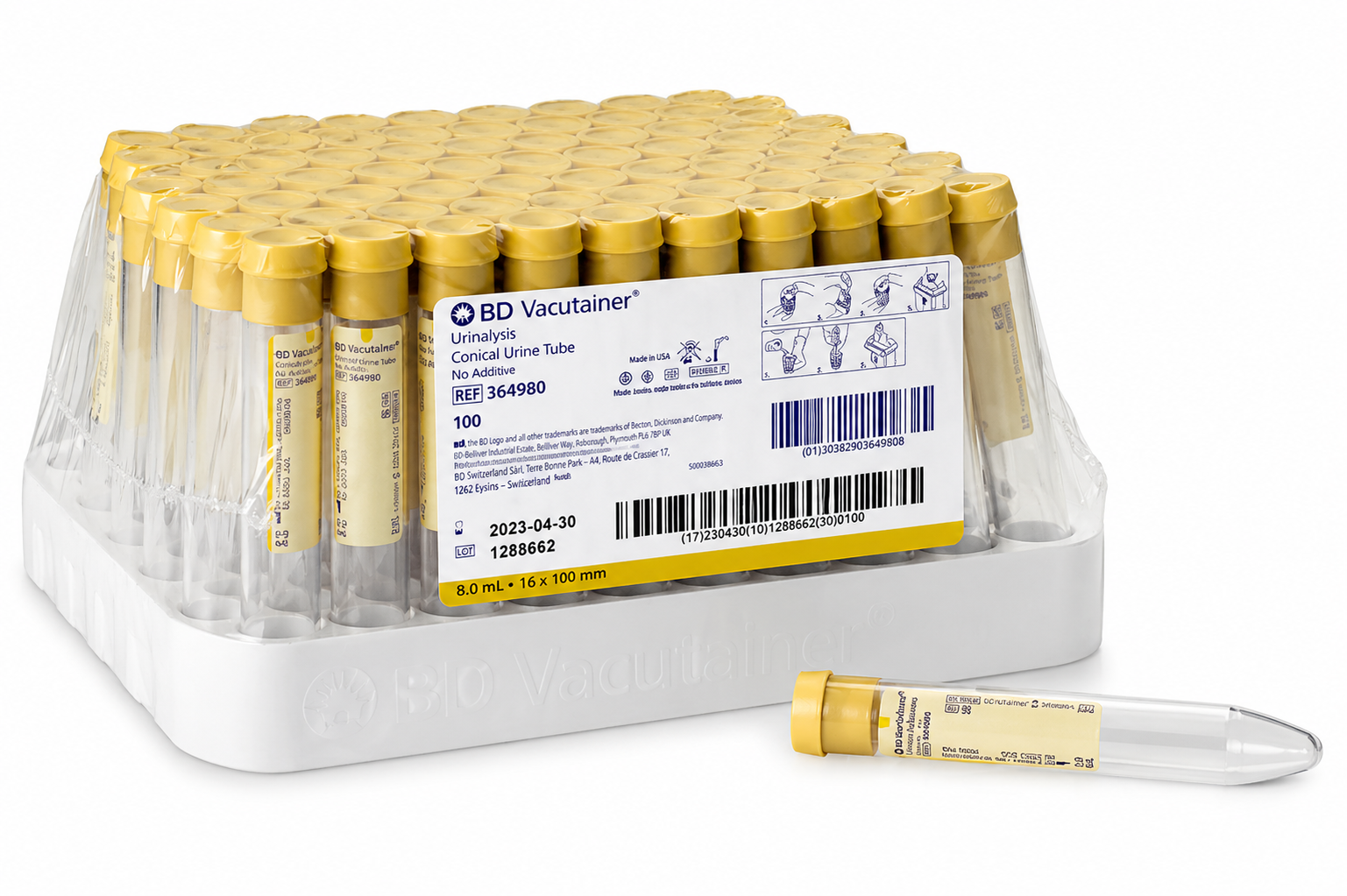 Tubo para Orina URINE 16x100 mm, 8.0 mL, UAP Cónico, Tapa Roja/Amarilla, 100 piezas